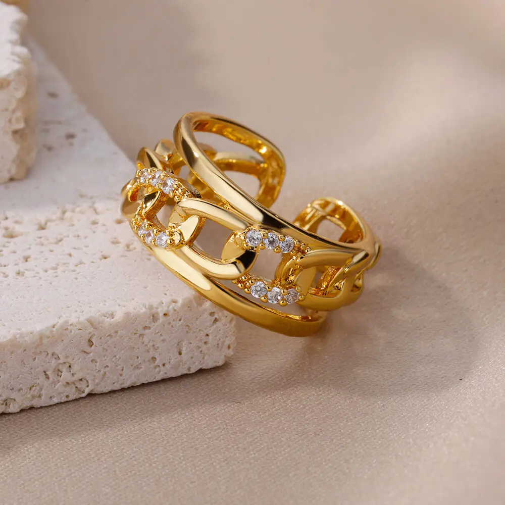  Цирконовые цепные кольца для женщин Открывающееся регулируемое кольцо из нержавеющей стали 2023 Тренд Корейская мода Свадебные эстетические ювелирные изделия