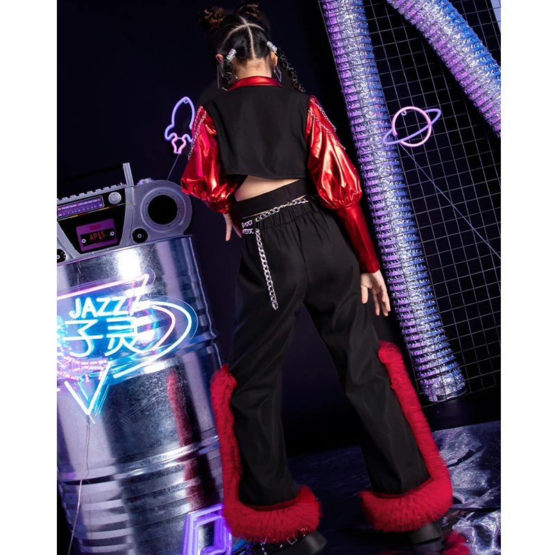 2023 Детские хип-хоп танцевальные костюмы для детей Красный топ с пайетками Плюшевые брюки Наряды Джаз Танцевальное представление Рейв-одежда DQL8763