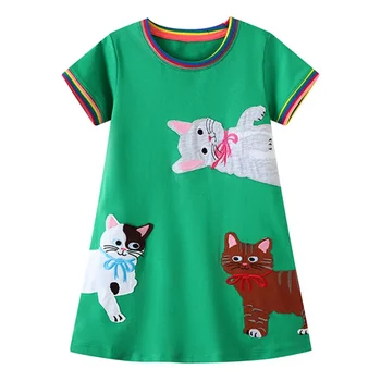 2024 Летнее платье для девочек Зеленый с прекрасными кошками Хлопок Одежда с короткими рукавами Повседневная мягкая одежда для детей 2-7 лет