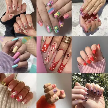 24pcs Типсы для ногтей Миндаль Балерина Рельефный стиль Накладные ногти Французские накладные ногти День святого Валентина