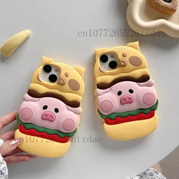 3D Розовый Piggy Pig Burger Kawaii Противоскользящий чехол для телефона для Iphone 11 12 13 14 15 Pro Max XS XR Fashion Ins Подарок