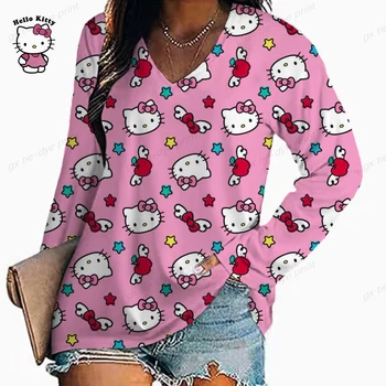 4XL Женские футболки оверсайз весна 2023 Новый повседневный топ с длинным рукавом Свободные топы большого размера Женские 3D Hello Kitty Print Tee Top