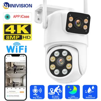 8 МП 4K HD Wi-Fi камера с двумя объективами Наружная IP-камера 4 Мп Цветное ночное видение Ai Автоматическое слежение Беспроводная камера безопасности iCSee