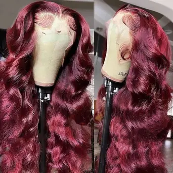99j Бордовый 13x4 Hd Кружевной фронтальный парик Body Wave Парики из натуральных волос Предварительно выщипанные Hd Прозрачные кружевные парики красного цвета Remy для женщин