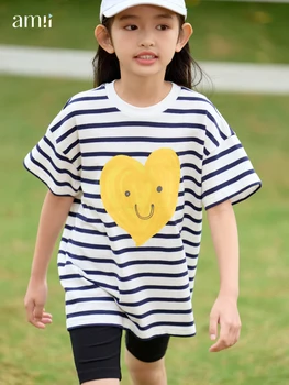 Amii Kids 2023 Летняя новая футболка из 100% хлопка для девочки в полоску Повседневные свободные футболки Симпатичный любовный узор Детская одежда 22362009