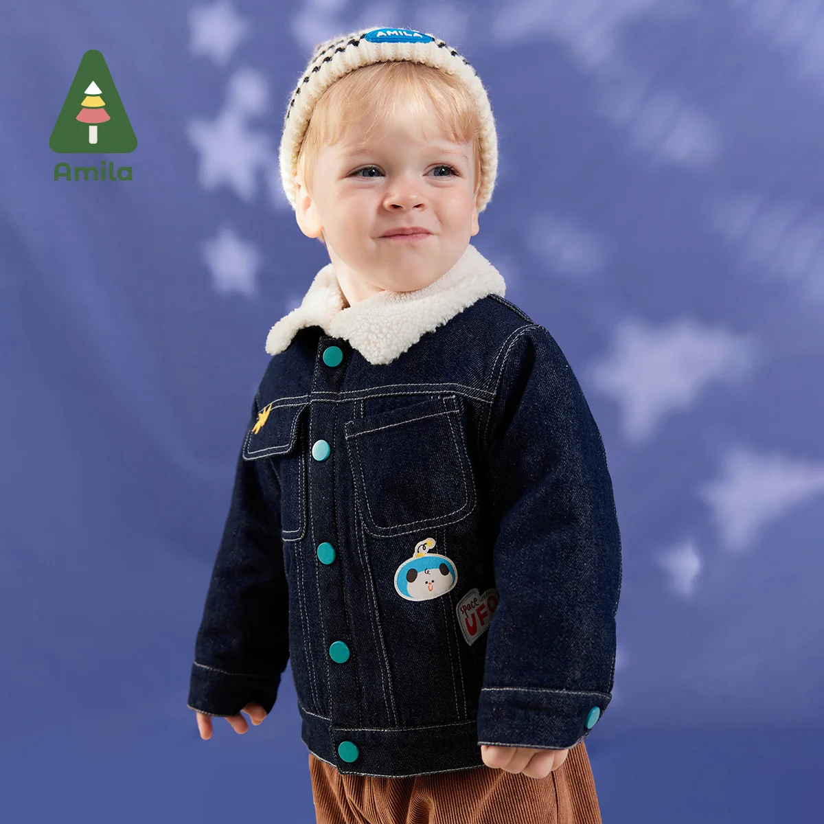 Amila Baby Boy Coat 2023 Зима Новый Лацкан Джинсовая ткань Теплая уютная космическая тема для детской одежды 0-6 лет