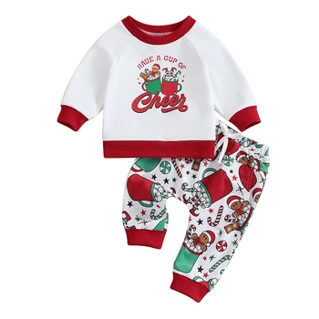 Baby 2 шт. Рождественские наряды Кружка с длинным рукавом Толстовка с принтом Санта-Клауса и брюки Набор одежды для малышей