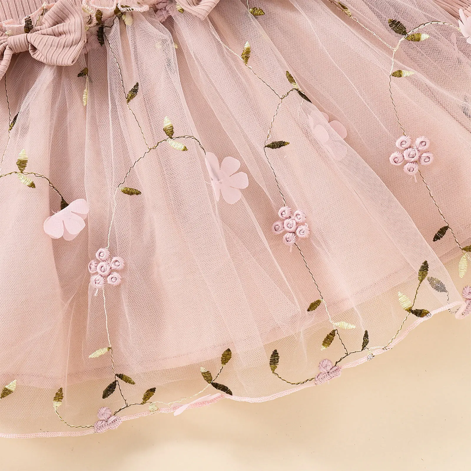 Baby Toddler Свадебное платье для девочек-цветов Милое платье принцессы на день рождения Платья с длинным рукавом в рубчик с бантом Трикотажное сетчатое платье-пачка