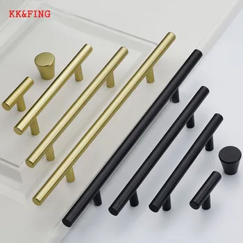 KK & FENG 1 шт. Современные алюминиевые мебельные ручки из матового черного золота Латунь Кухонный дверной шкаф Т-образный бар Прямые ручки шкафа