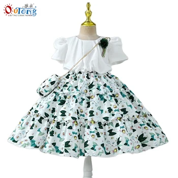 Outong плиссированные модные летние платья для детей и девочек с коротким рукавом цветочный принт 5-9 детей принцесса одежда на праздники день рождения
