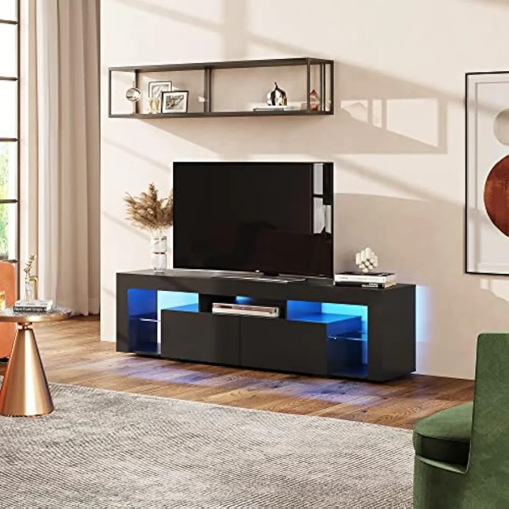 WLIVE LED TV Подставка для 55/60/65/70-дюймового телевизора, современный развлекательный центр с открытыми полками, деревянная ТВ-консоль с 2 местами для хранения