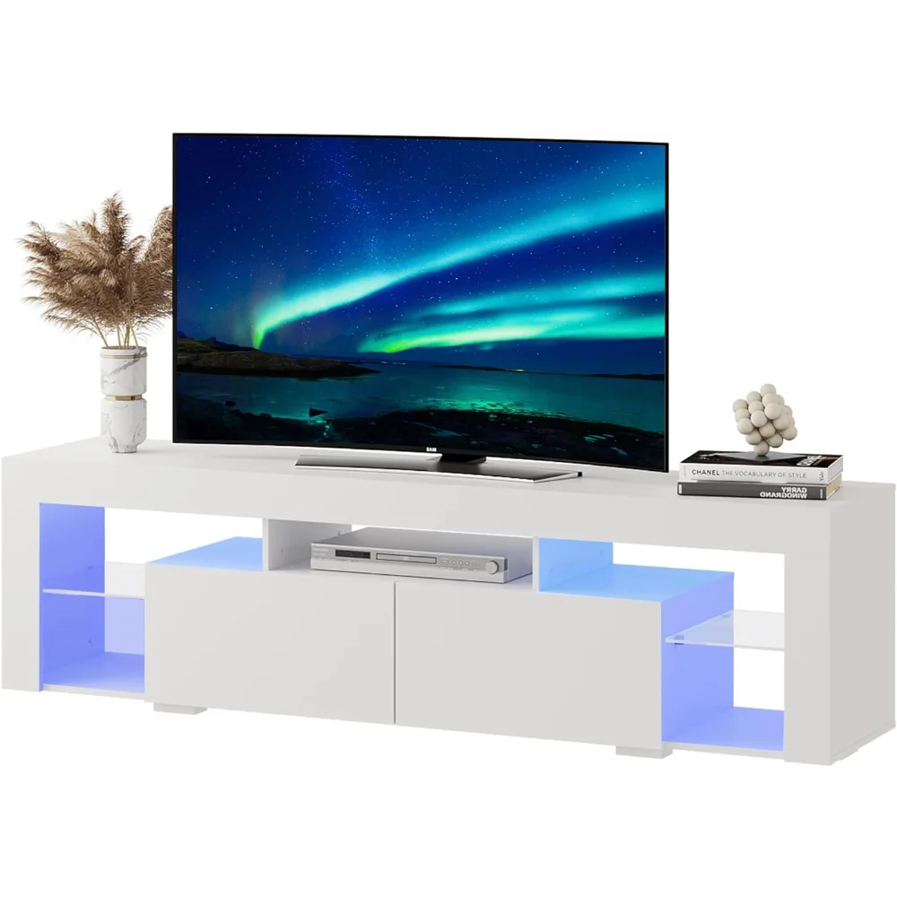 WLIVE LED TV Подставка для 55/60/65/70-дюймового телевизора, современный развлекательный центр с открытыми полками, деревянная ТВ-консоль с 2 местами для хранения