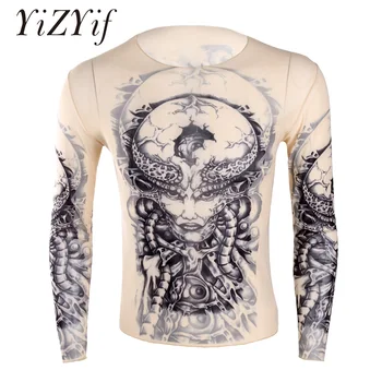 YiZYiF Модная мужская эластичная прозрачная фальшивая татуировка дизайн футболки топ с длинным рукавом O-образным вырезом футболка для мужской вечеринки на Хэллоуин