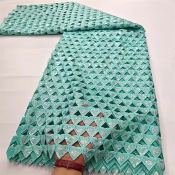 Африканская гипюровая кружевная ткань с пайетками 2024 Зеленый высококачественный кружевной материал Новейшая французская кружевная ткань для свадьбы