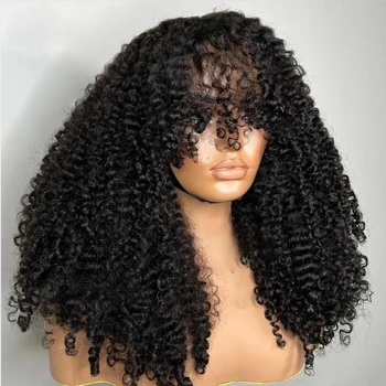 Бесклеевой натуральный черный 26-дюймовый кудрявый машинный парик с челкой для чернокожих женщин Высокотемпературный волокно Косплей Ежедневное использование Парик