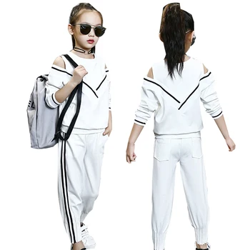 горячая весна осень белый спортивный костюм для девочек плечо детский костюм повседневный спортивный костюм из двух частей детская одежда