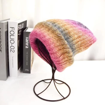 градиентная шерстяная шапка радужная вязаная шапка осенне-зимнее тепло защита ушей корейская версия универсальный пуловер холодная шапка
