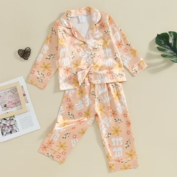  Детские пижамы для девочек Комплект Топ с длинным рукавом с цветочным принтом и эластичной талией Брюки Пижамы
