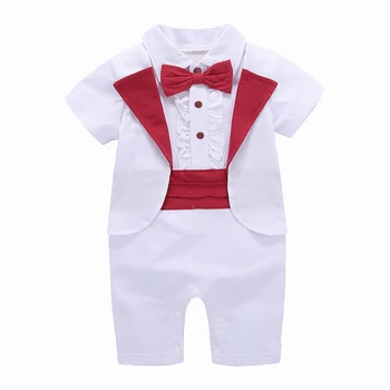 Детский комбинезон для новорожденных Летняя одежда Мальчик с коротким рукавом Крестильный наряд Костюм Дети Формальные цельные смокинги Хлопок белый