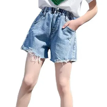 Джинсовые шорты для больших девочек от 5 до 14 лет Летние короткие рваные рваные джинсы из твердого хлопка 2023 Новая модная подростковая детская школьная одежда