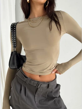 Женские тонкие футболки с длинным рукавом Однотонные узкие пуловеры Топ Облегающие футболки Корейская мода Базовые укороченные топы Y2K Streetwear