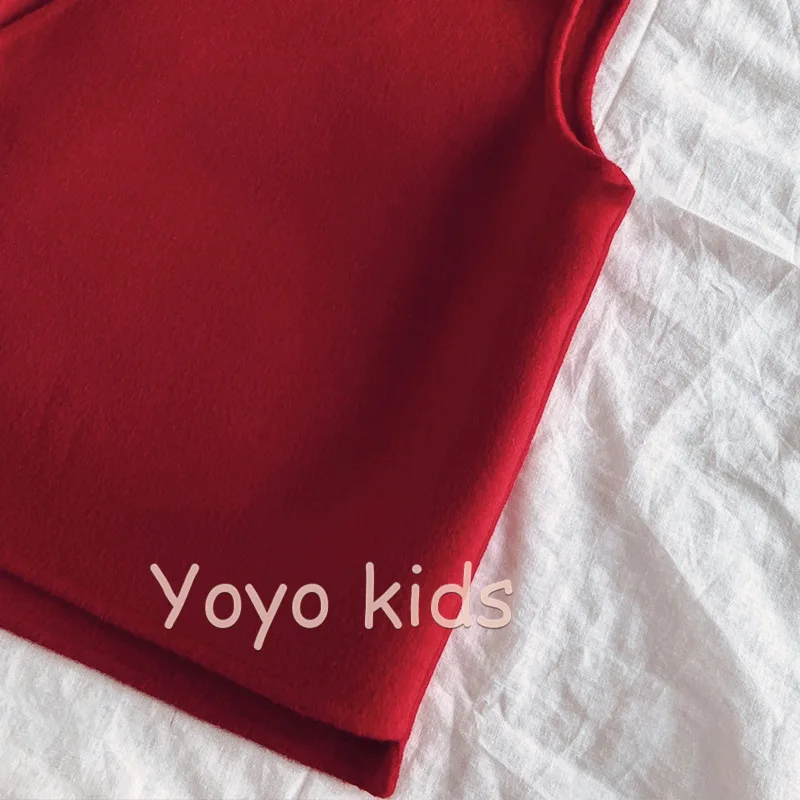 жилет Детская одежда для девочек Шерстяная Весна Осень Новые модные топы Красный 2024 Круглый воротник Без рукавов Модный