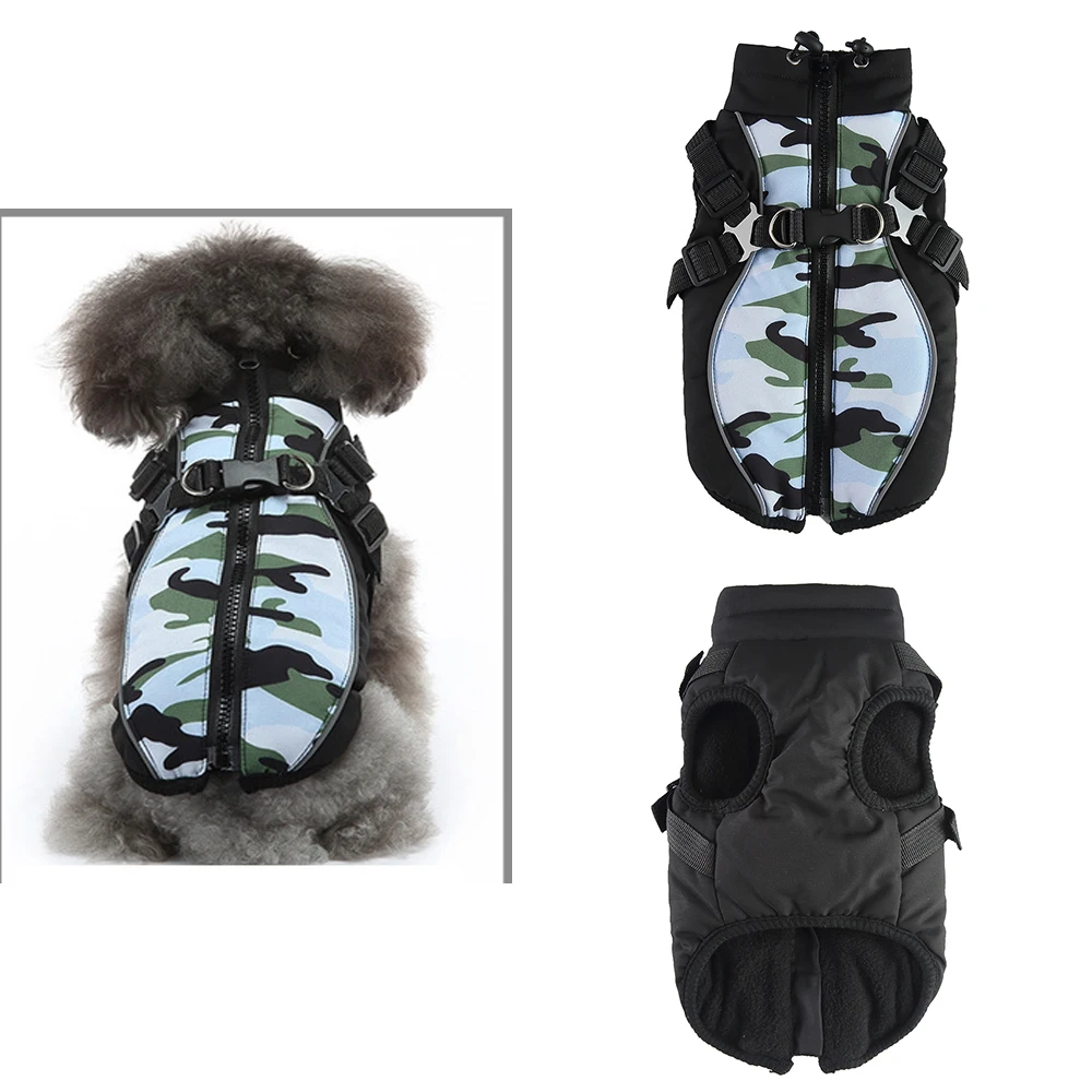 Камуфляжное пальто для домашних животных со шлейкой Зимняя одежда для собак для маленьких собак Теплая флисовая большая куртка для собак Одежда чихуахуа Костюм щенка