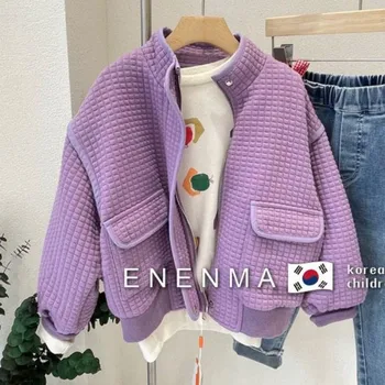 Куртка для девочек Хлопковая верхняя одежда Ветрозащитная 2023 Фиолетовый Теплый Утолщение Плюс Бархат Зимняя Флис Детская одежда