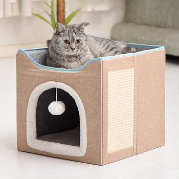 Лежанки для кошек в помещении - большая пещера для кошек с подвешенным мячом и ковриком, складной прочный для кошки