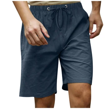 летние мужские хлопковые льняные пляжные повседневные короткие брюки эластичная талия кулиска свободные шорты