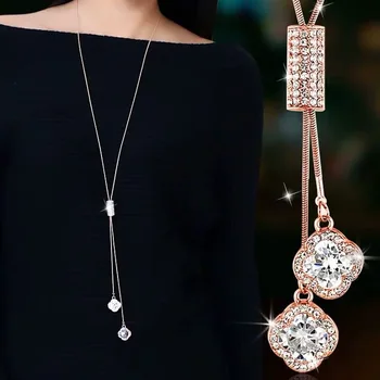 Модные ожерелья Хрустальные ювелирные изделия Ожерелье из листьев клевера Кулон Длинный свитер Twist Chain Ожерелье для женщин