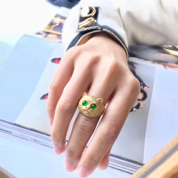  Модные позолоченные медные кольца с зелеными глазами для кошек для женщин Harajuku Animals Kitty Cat Open Регулируемое ювелирное кольцо для подростков и девочек