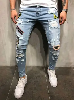 Мужские узкие джинсы Модные Повседневные Узкие байкерские джинсовые брюки Колено Дырка Хип-хоп Рваный Вымытый Потрепанный