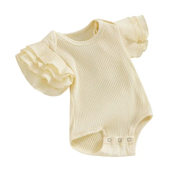 Новорожденная Одежда для девочек Твердое боди Развевающийся рукав Ребристый комбинезон Комбинезон Комбинезон для младенцев