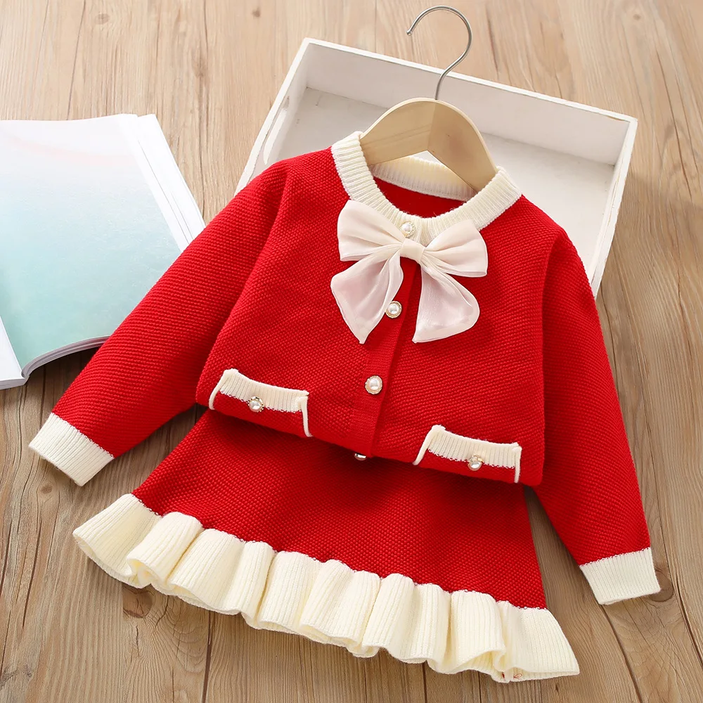 Одежда для девочек 1-6 лет Зимний теплый свитер Трикотажный комплект с короткой юбкой Трикотажный бант для девочек 1-6 лет Платье принцессы с бантом