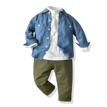 осень Новое детское тонкое джинсовое пальто с длинными рукавами Рубашка с высоким воротником Удобные брюки Повседневный костюм-тройка