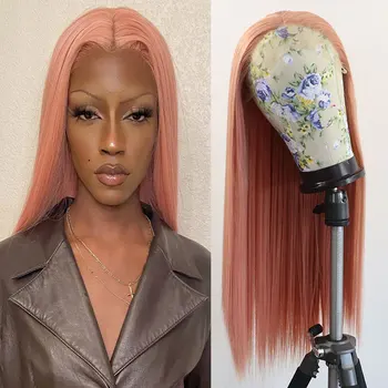 Персиково-розовый синтетический 13X4 Кружевной передний парик Бесклеевой прямой Высококачественный термостойкий волокно Предварительно выщипанная линия волос для женских париков