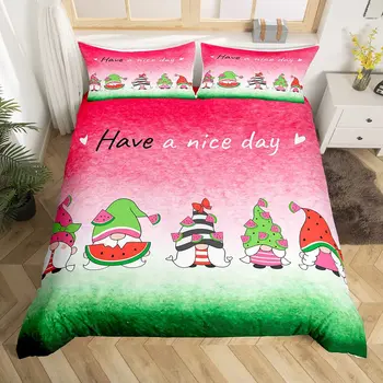 Пододеяльник Watermelon King Queen Комплект постельного белья Kawaii Красный и зеленый фруктовый комплект Мультяшный гномий чехол для одеяла Одеяло из полиэстера