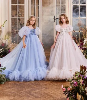 Пышные платья для девочек-цветов Платье принцессы Тюль Кружево для девочек Платье для первого причастия Милое детское платье Свадебная вечеринка Особый случай