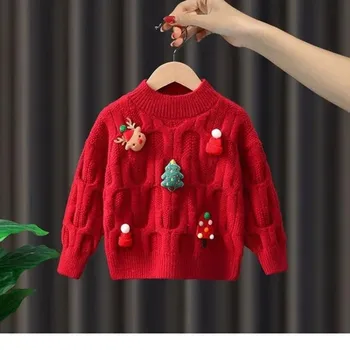 Свитер для девочек осень/зима 2024 Новая новейшая детская зимняя одежда Детская красная рождественская трикотажная рубашка снизу