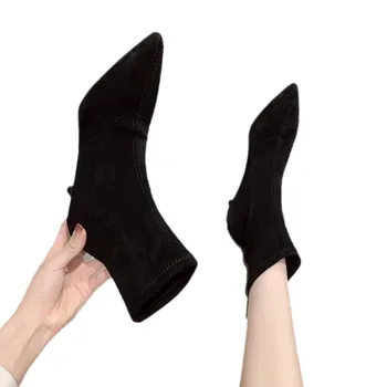 Сексуальные носки Сапоги Вязание Стрейч Сапоги Высокие Каблуки Для Женщин Модная Обувь 2021 Весна Осень Ботильоны Женский размер