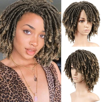 Синтетический парик с дредами Короткие кудрявые плетеные парики Омбре Черный/Светло-коричневый Модные афро-синтетические парики для чернокожих женщин