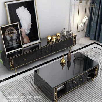  Современный простой чайный столик из черного золота Тумба под телевизор Роскошная комбинация Высококачественный дизайн Небольшая домашняя гостиная Скандинавская мебель