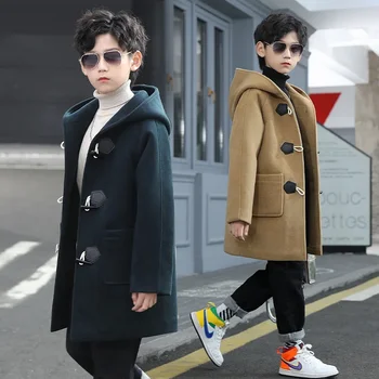 Шерстяное пальто для мальчиков 2023 Весна Осень Новая Мода Однотонные куртки с капюшоном Пальто Верхняя одежда 4-14T Детское пальто высокого качества